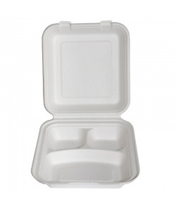Contenant à charnière compostable en bagasse 3 comp. 8.5” (21,6 cm)